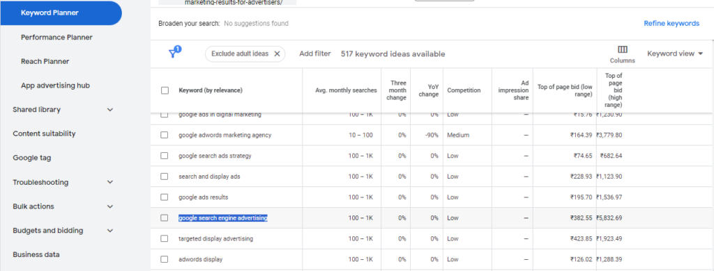 google keyword research screenshot