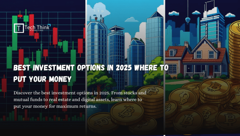 “Best investment options in 2025 showing stocks, real estate, mutual funds, and digital assets.”