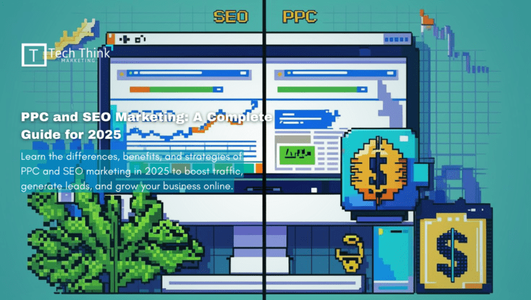 “Pixel art illustration of SEO and PPC marketing strategies in 2025”