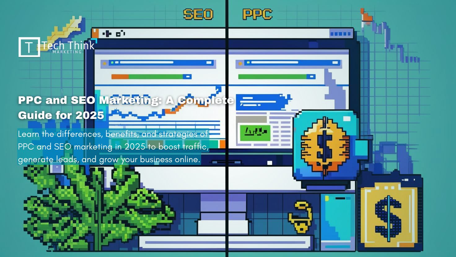 “Pixel art illustration of SEO and PPC marketing strategies in 2025”